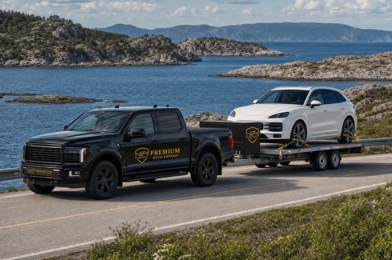 Åpen enkelthenger fra Premium Auto Express med én SUV på norsk kystvei