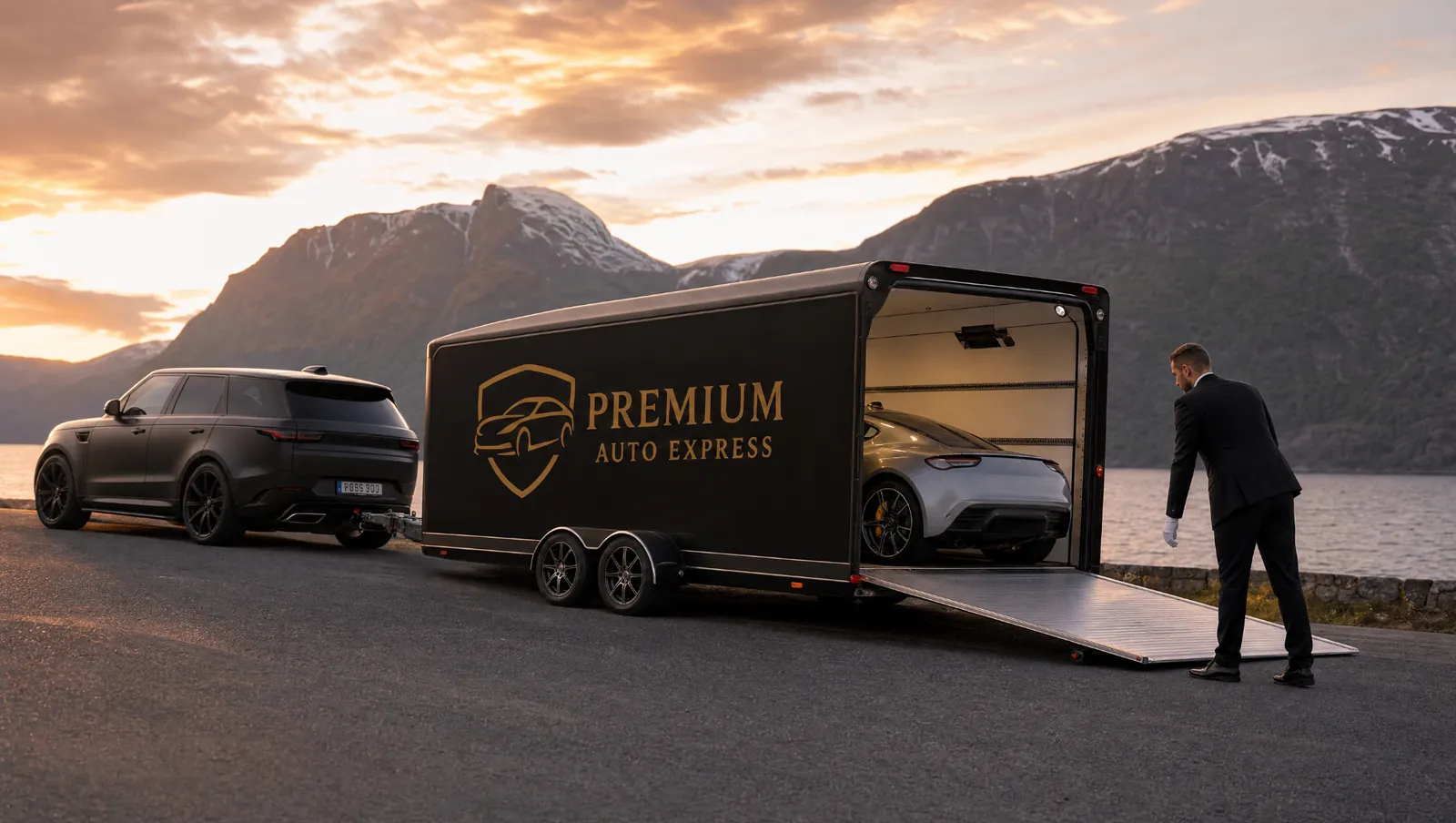 Premium Auto Express-henger lastes med sportsbil ved norsk fjord i solnedgang